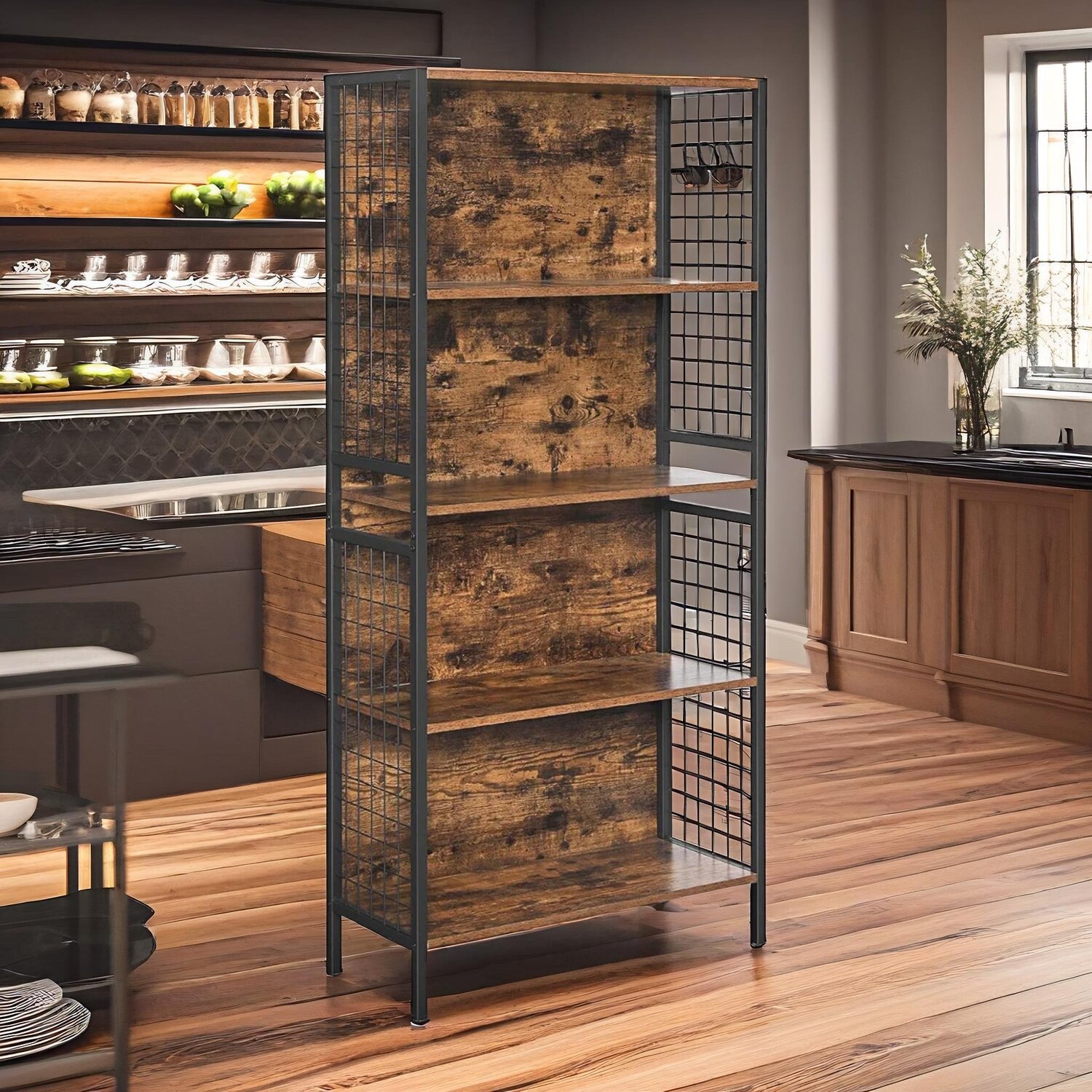 4 Tier Industrial Storage Shelf Living Room Bedroom Furniture - Rustic Brown