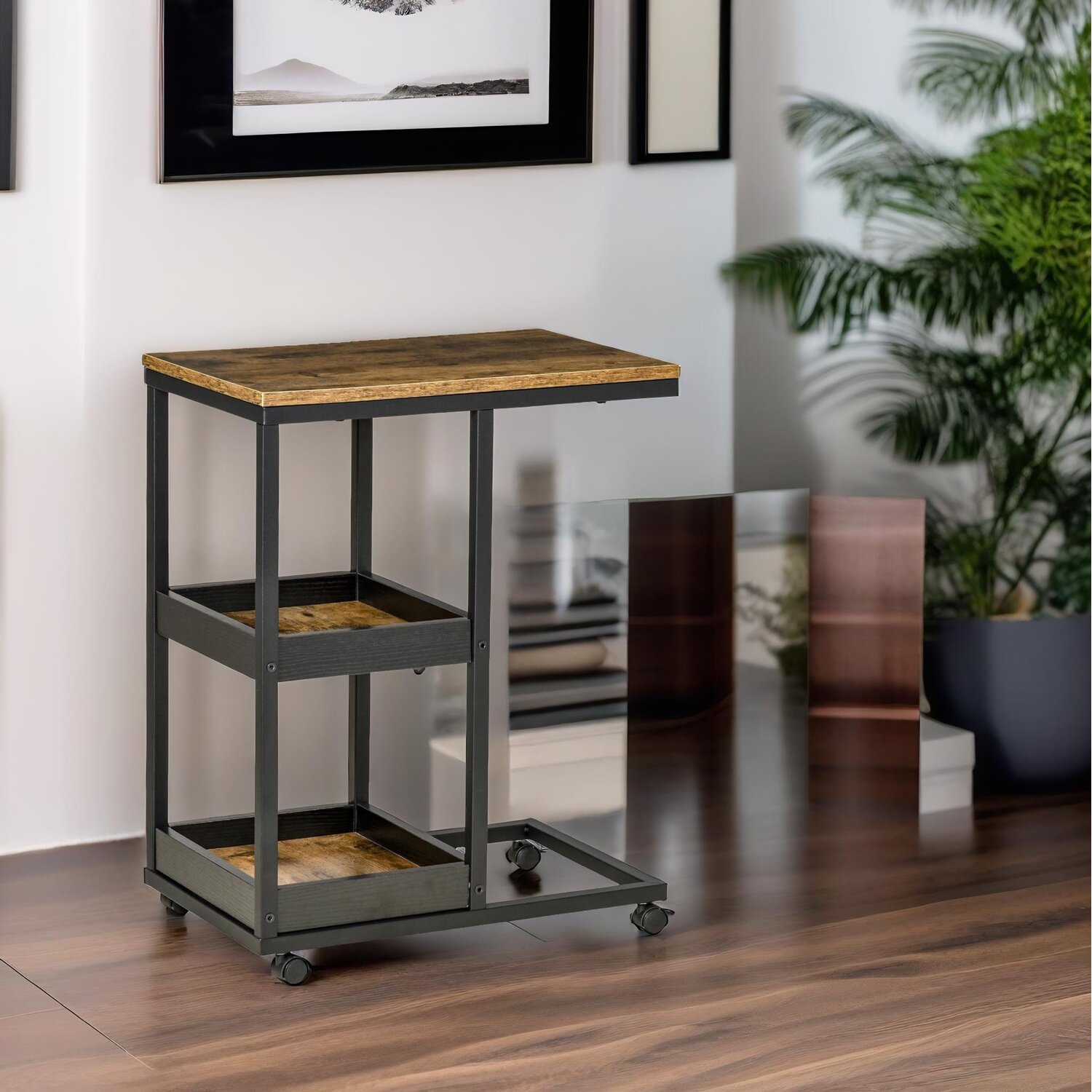 Industrial C Shaped Side Table 3-tier With Wheels - Brown