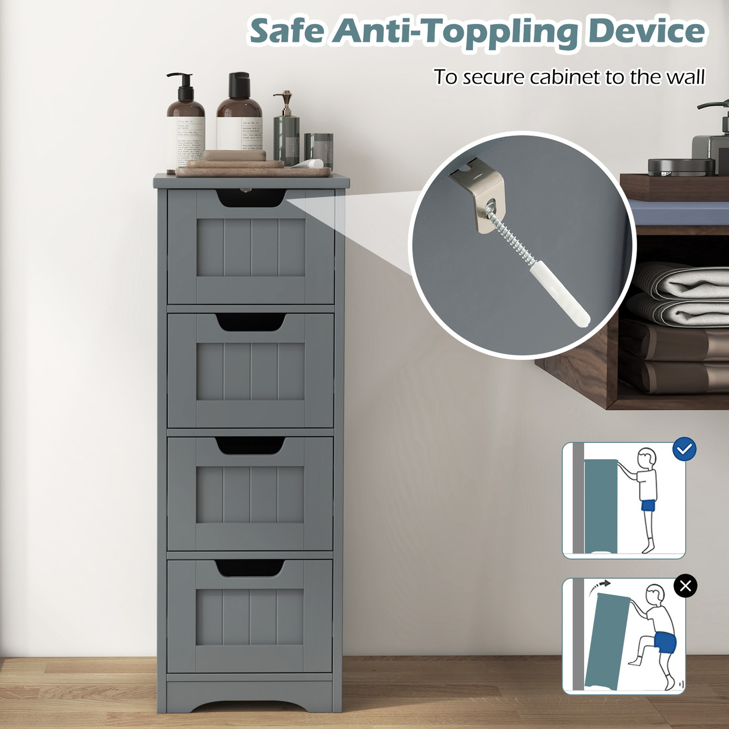 Floor Storage Cabinet Bathroom Cabinet With 4 Drawers - Grey
