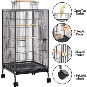 30" Wrought Iron Bird Cage With Rolling Stand - For Parrots, Conure, Lovebird, Cockatiel - Black