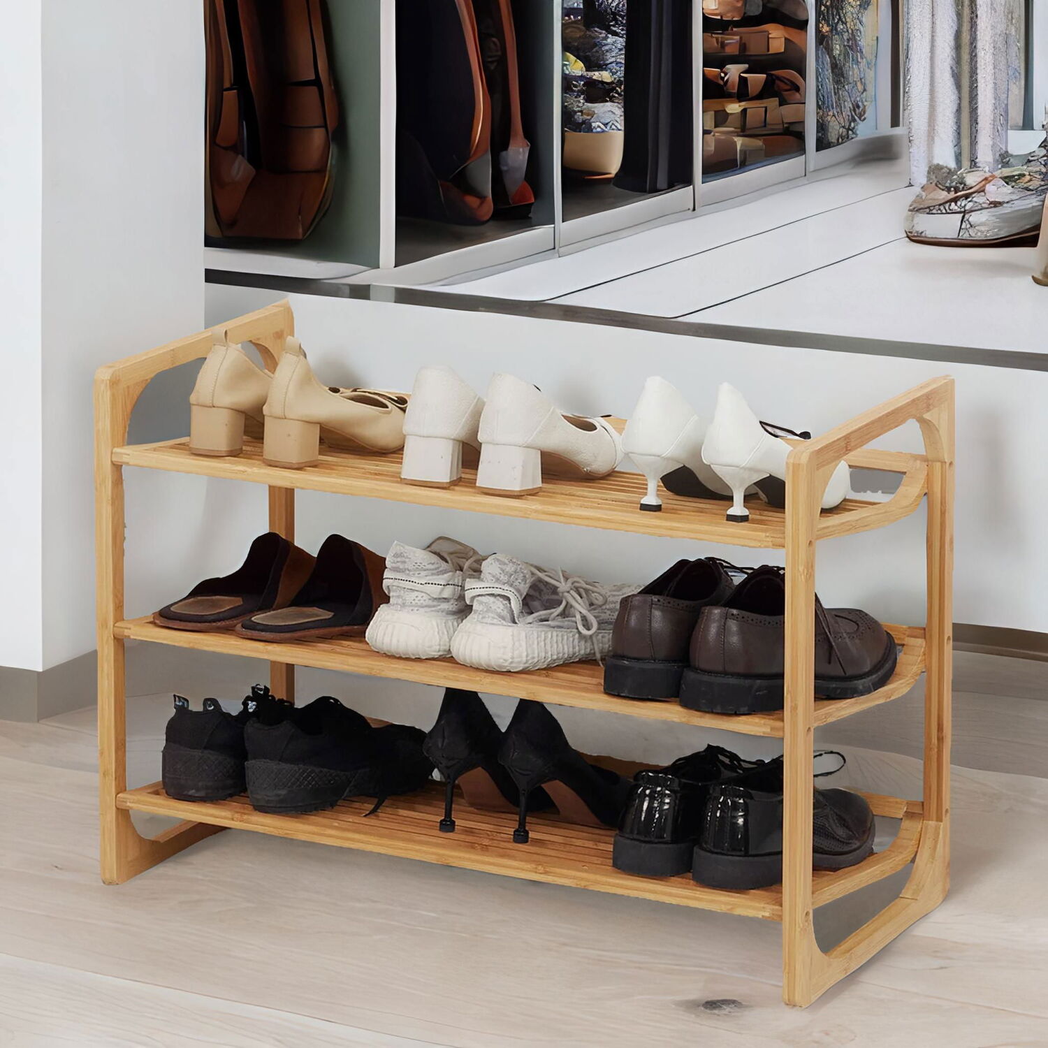 3-tier Bamboo Shoe Rack With Sloped Shelves - Natural Brown
