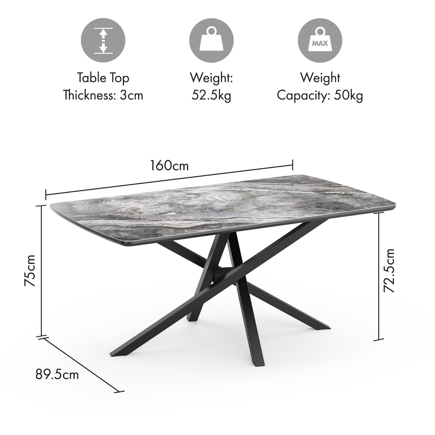 Marble Effect Dining Table With 6 Cord Effect Dining Chairs - Black Charcoal Blue