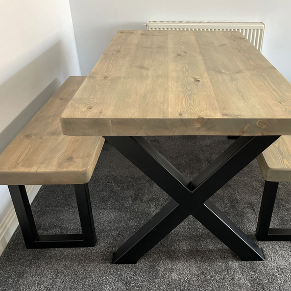 Handmade Chunky Rustic Dining Table plus Bench - Grey Wash