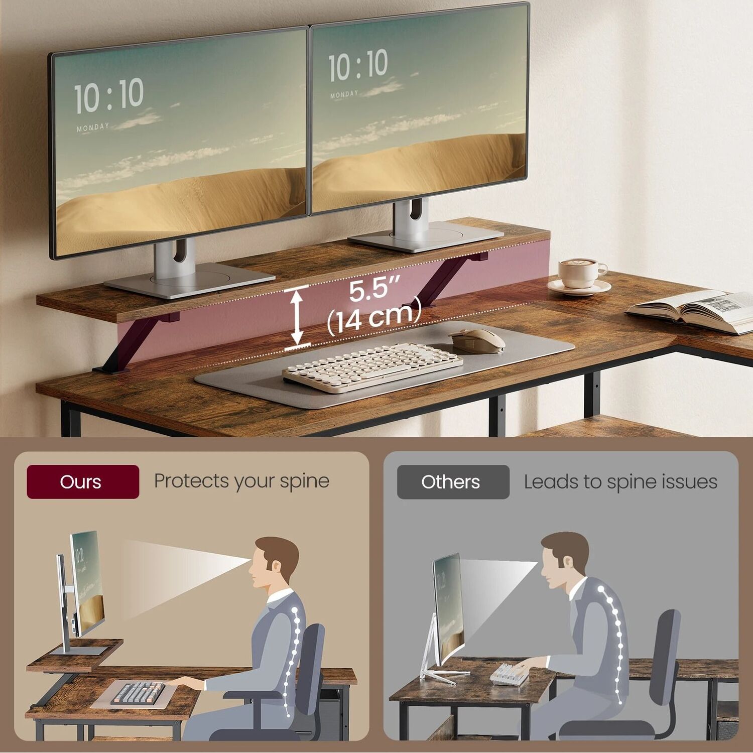 Corner Desk With Drawers And Monitor Stand - Brown 105cm