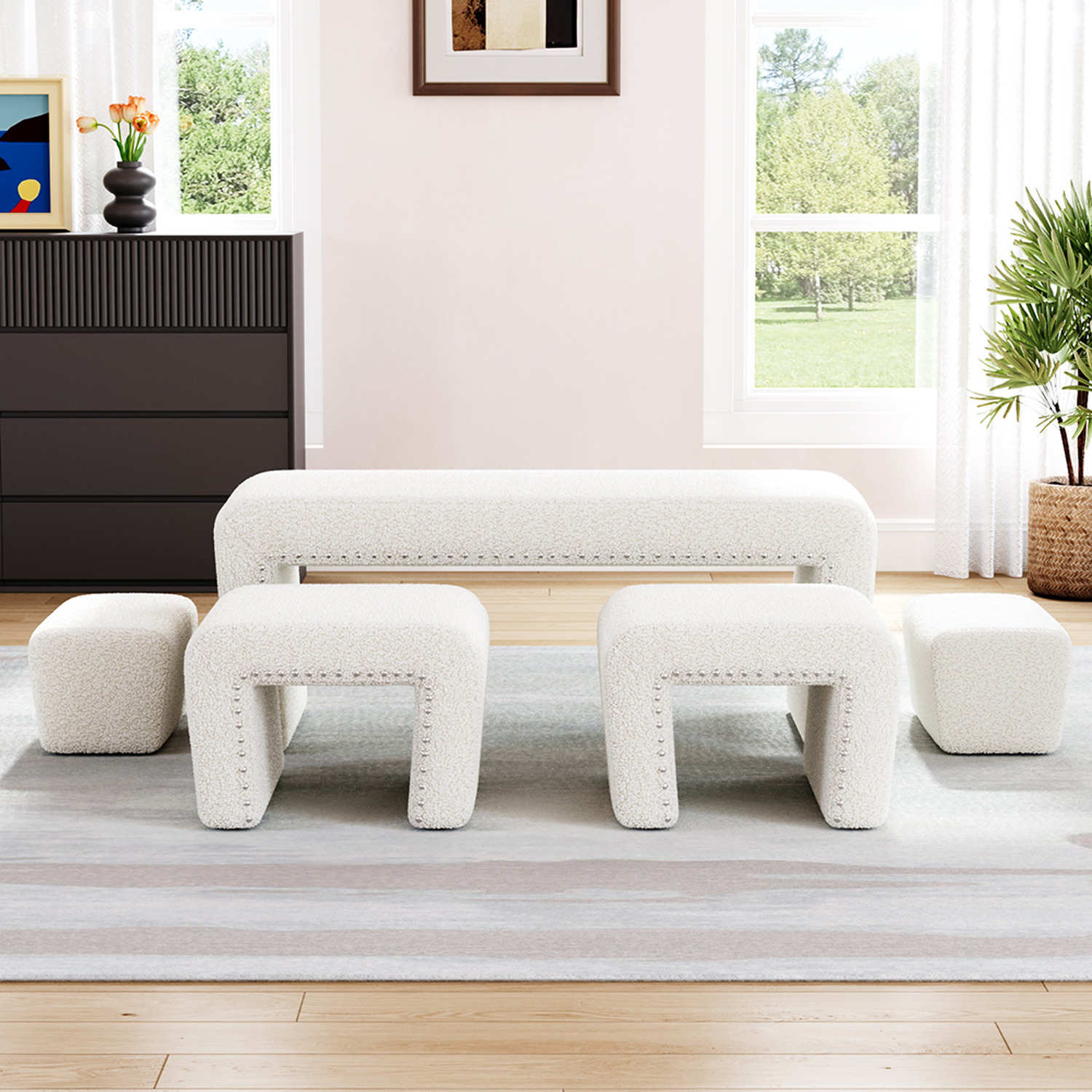 Multi-size Stackable Padded Ottoman Bench Set - White