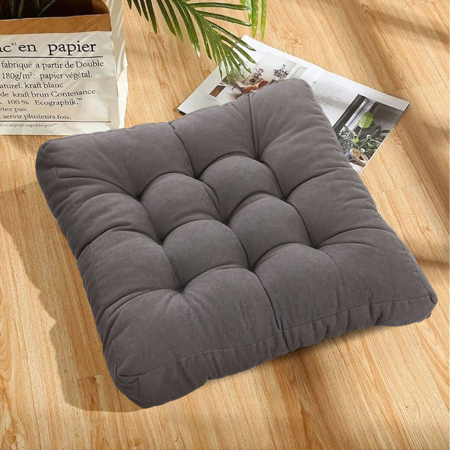 Livingandhome Corduroy Chair Cushion Pad With Tufted Design - Grey