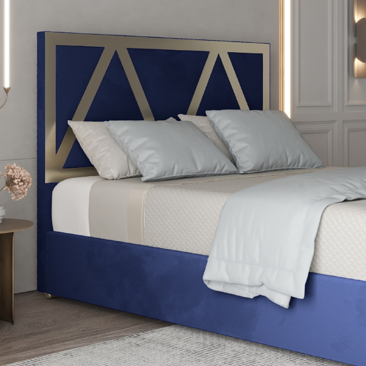 Belgrave Soft Velvet Upholstered Metal Bed Frame - Blue Superking