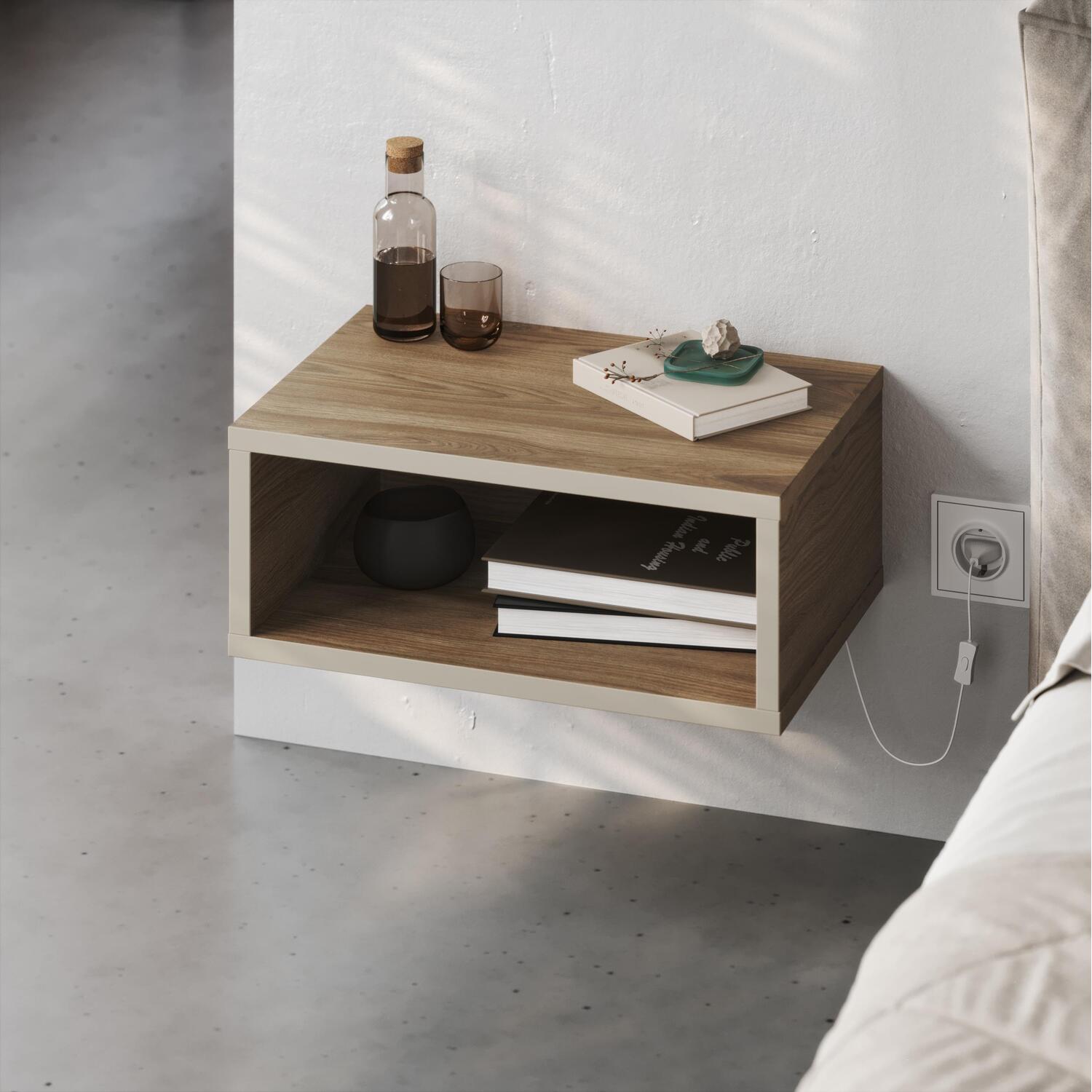 Decortie Floating Bedside Table with LED Light and Open Shelf - Whiskey Oak, Sandstone