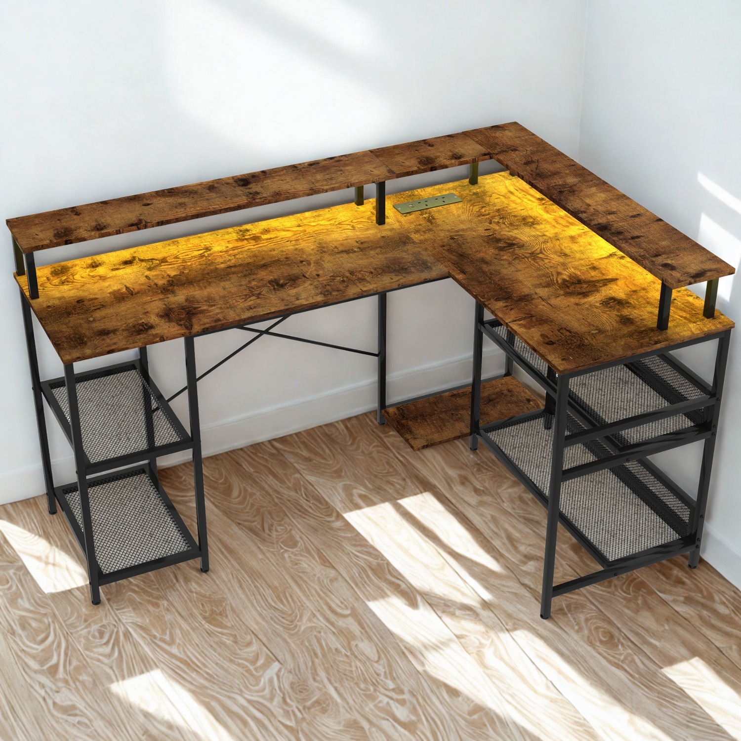 Industrial L Shaped Computer Desk With Usb Outlets And Led Lights - Rustic Brown