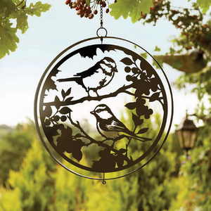 Blue Tit in Tree Silhouette Orbit Spinner Hanging Metal Ornament