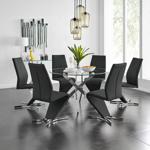 Novara Chrome Metal  Glass Large Round Dining Table  6 Willow Chairs Set