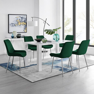 Pivero 6 White Dining Table and 6 Pesaro Silver Leg Chairs