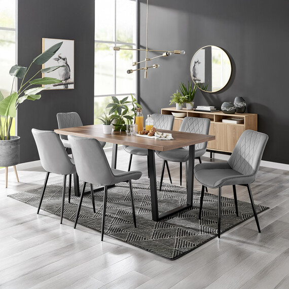Brown Kylo Dining Table and 6 Pesaro Chairs Wood Effect Black Legs