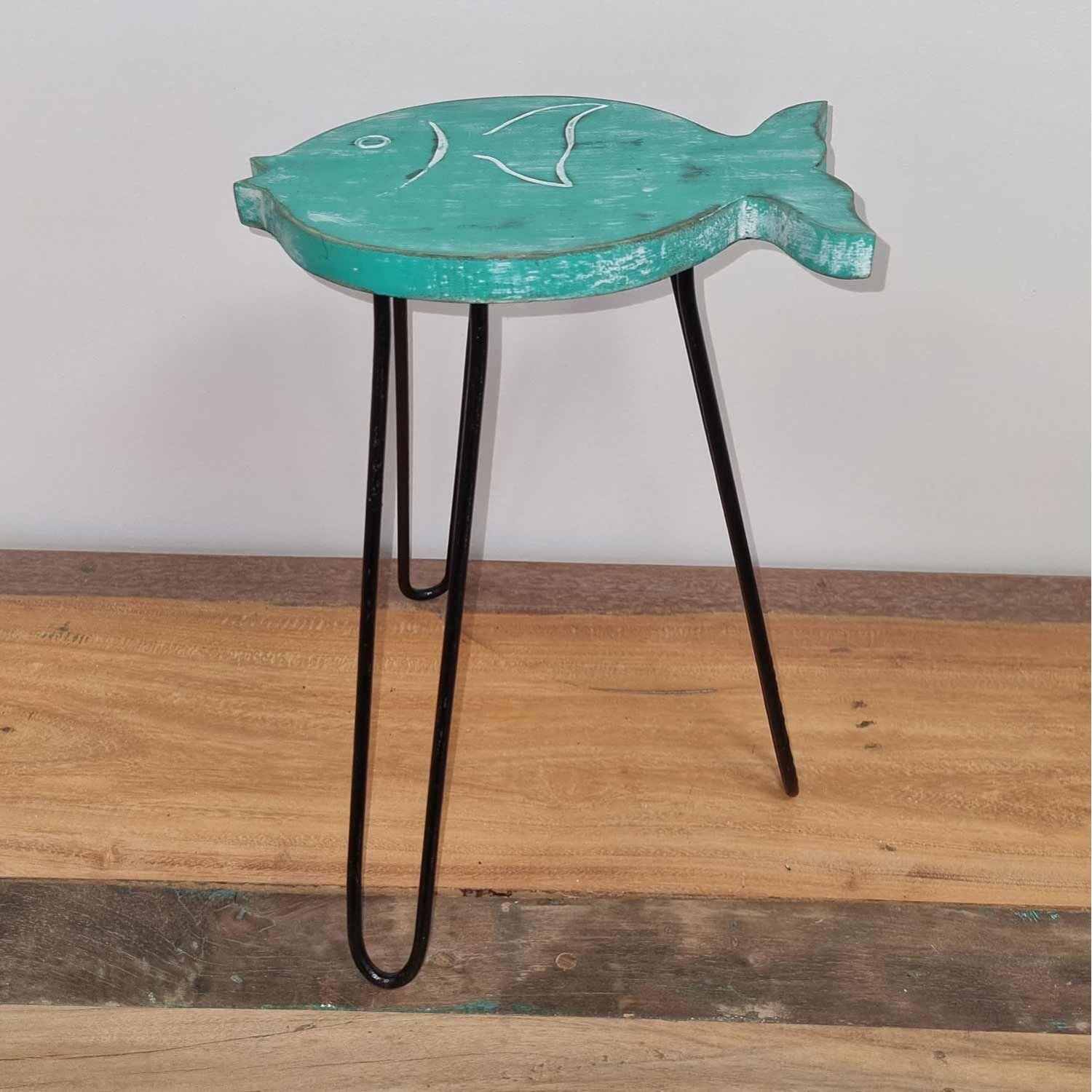 Albasia Wood Fish Stand Turquoise Handcrafted Plant Holder - Teal