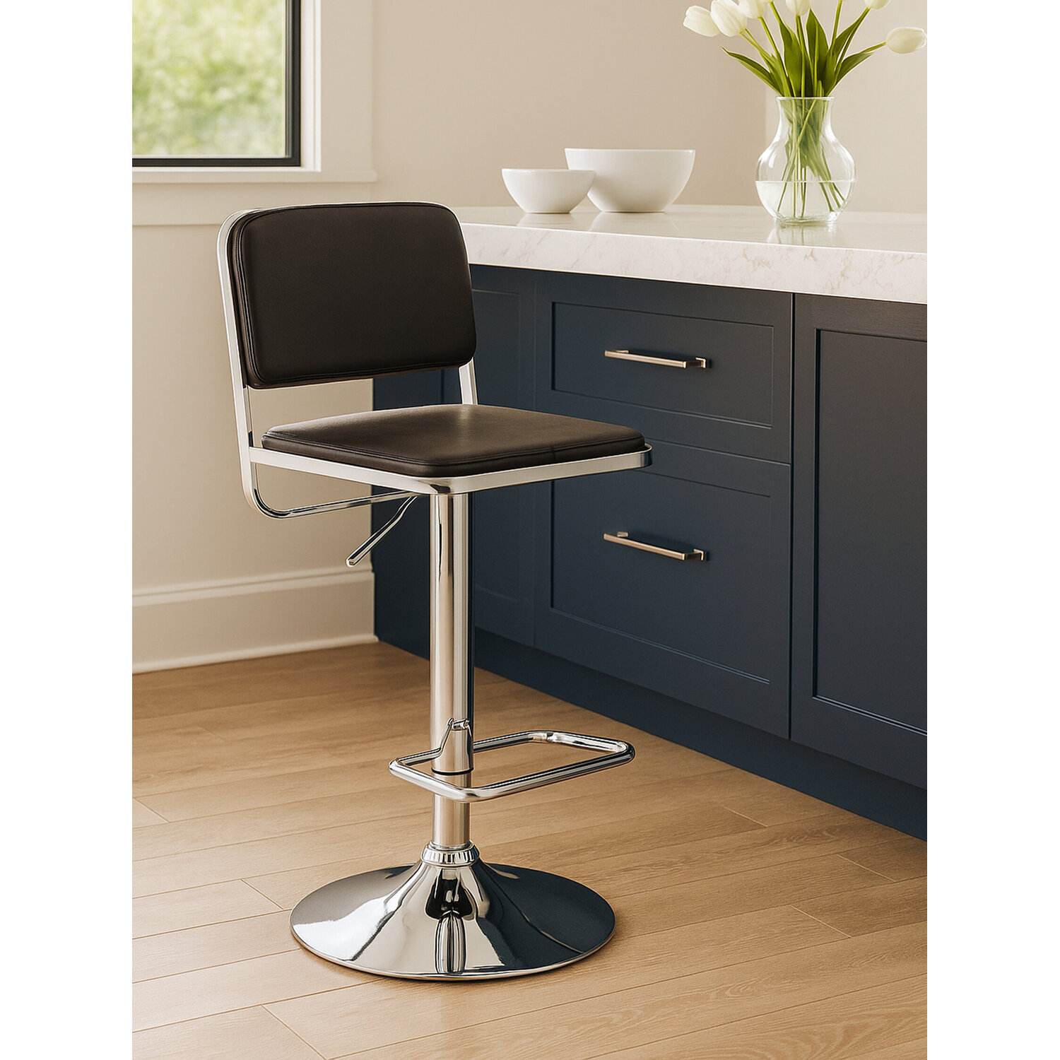 Stockholm Black Seat And Chrome Base Bar Stool - Silver