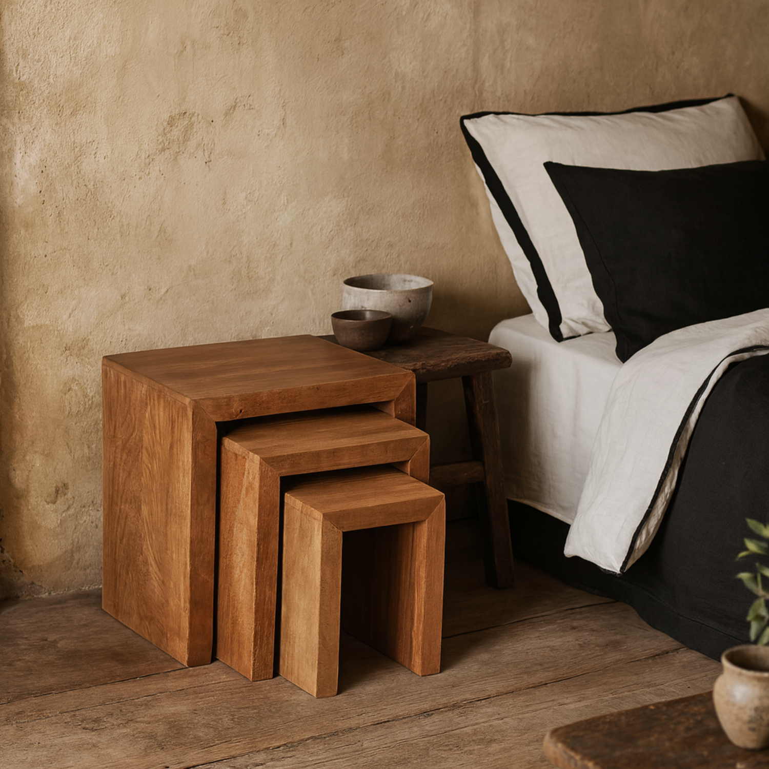 Manila Set of 3 Light Mango Wood Nesting Tables - Brown
