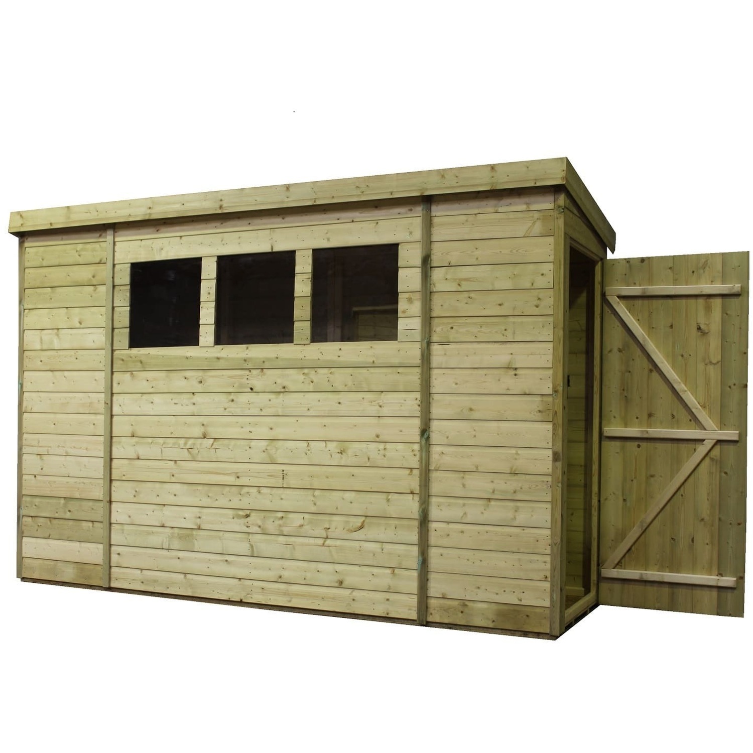 Empire 2600 9x3 Pent Garden Shed with a Single Door on Right Side Panel & 3 Windows - Green