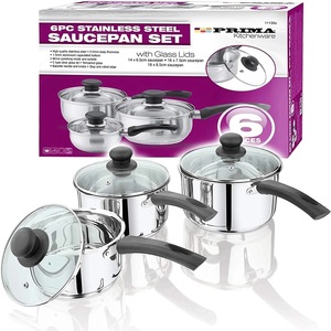 Stainless Steel Saucepan Set Induction Non Stick Pots With Glass Lids 6Pc Pan