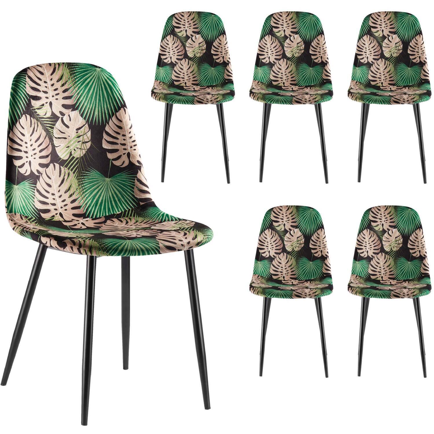 Velvet Dining Chairs With Palm Print - Black Green 6