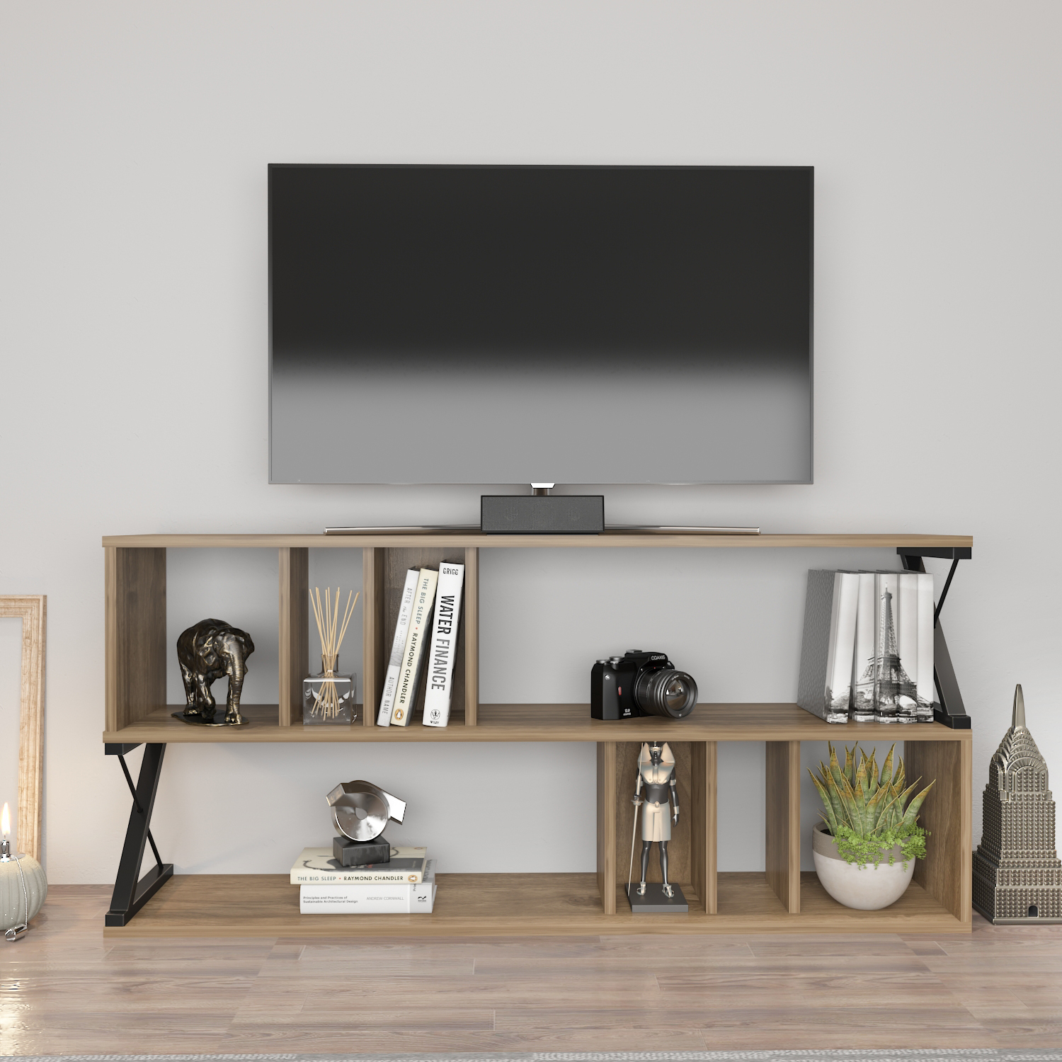 Decorotika Termassini Tv Unit Tv Stand For Tvs Up To 64" - Walnut Pattern&Black