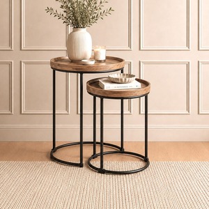 Round Nest Of Two 2 Tables End Lamp Light Solid Mango Wooden