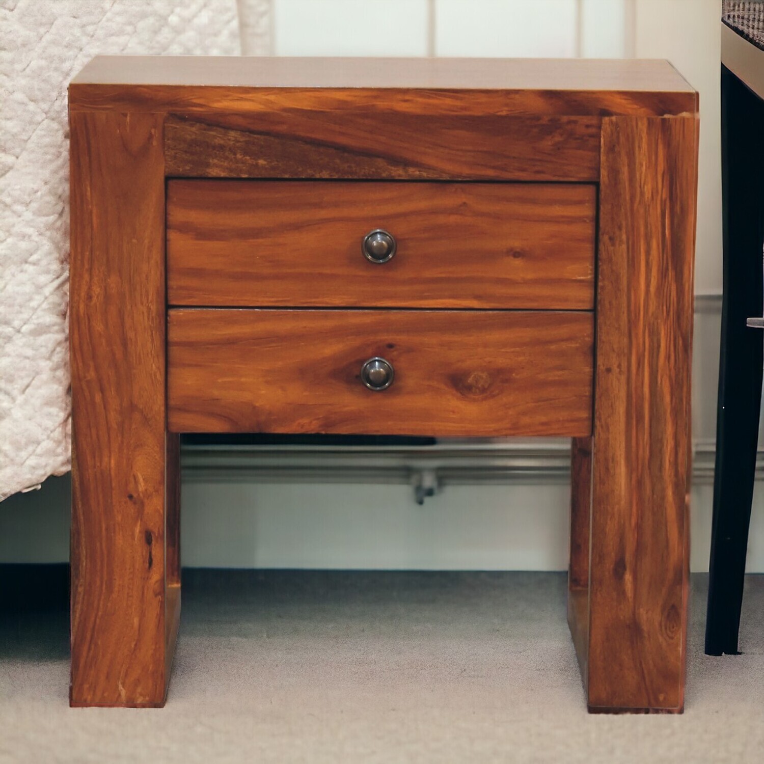 Square U-Shape Leg Solid Wood Bedside Table