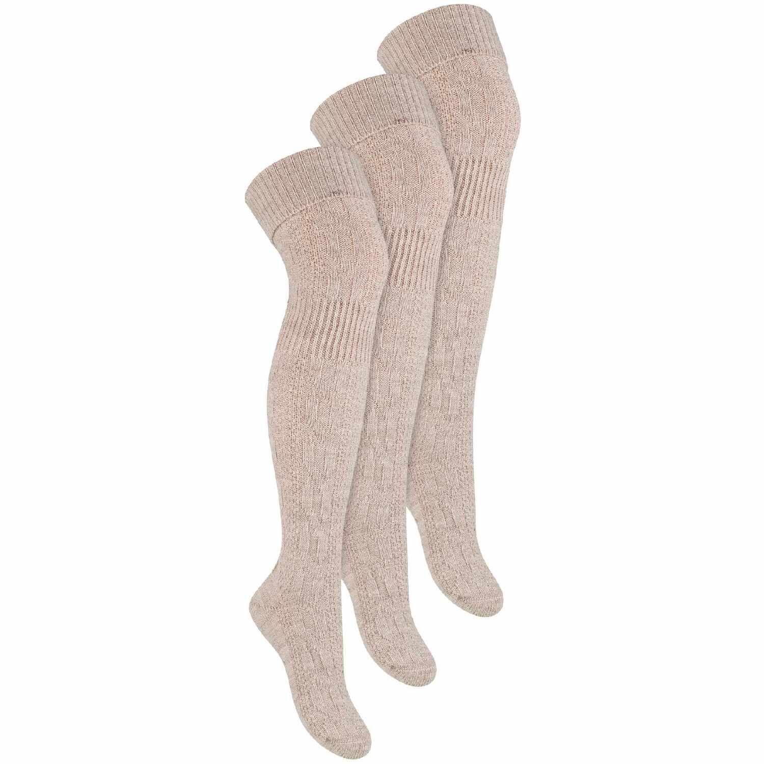 Steven 3 Pairs Ladies Extra Long Thigh High Over The Knee Wool Socks - Beige