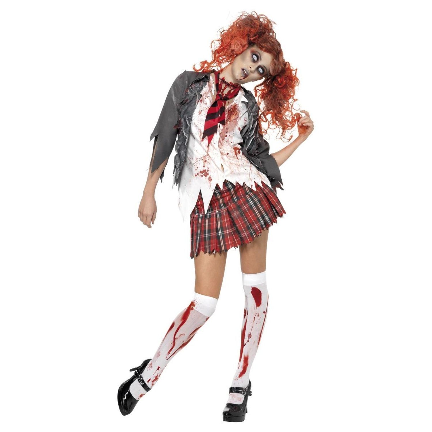 Smiffys Womens/Ladies High School Horror Zombie School Girl Costume Set - Grey/White/Red / Xs