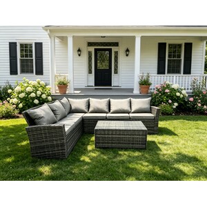 High Back Rattan Corner Sofa Set with Oblong Coffee Table Left Option