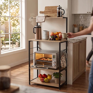 Tall Bakers Rack Kitchen Storage Stand with Hooks