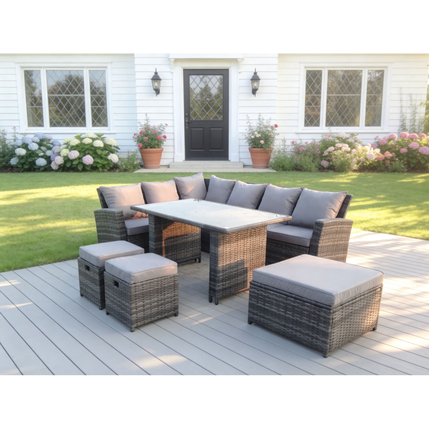 Fimous Black 9 Seater High Back Rattan Garden Furniture Set Corner Sofa With Tempered Dining Table 3 Footstool - Image 2
