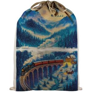 Christmas Train Viaduct Santa Sack - Large Linen-Style Xmas Gift Bag with Drawstring