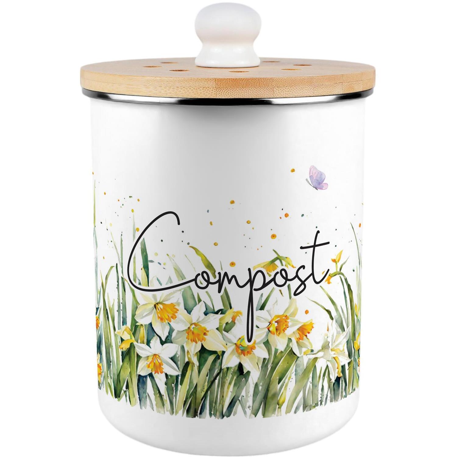 Purely Home Spring Daffodils Compost Caddy - Metal 2L Decorative Kitchen Food Waste Bin - Green