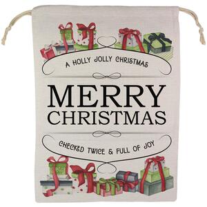 Merry Christmas Santa Sack - Large Linen-Style Xmas Gift Bag with Drawstring
