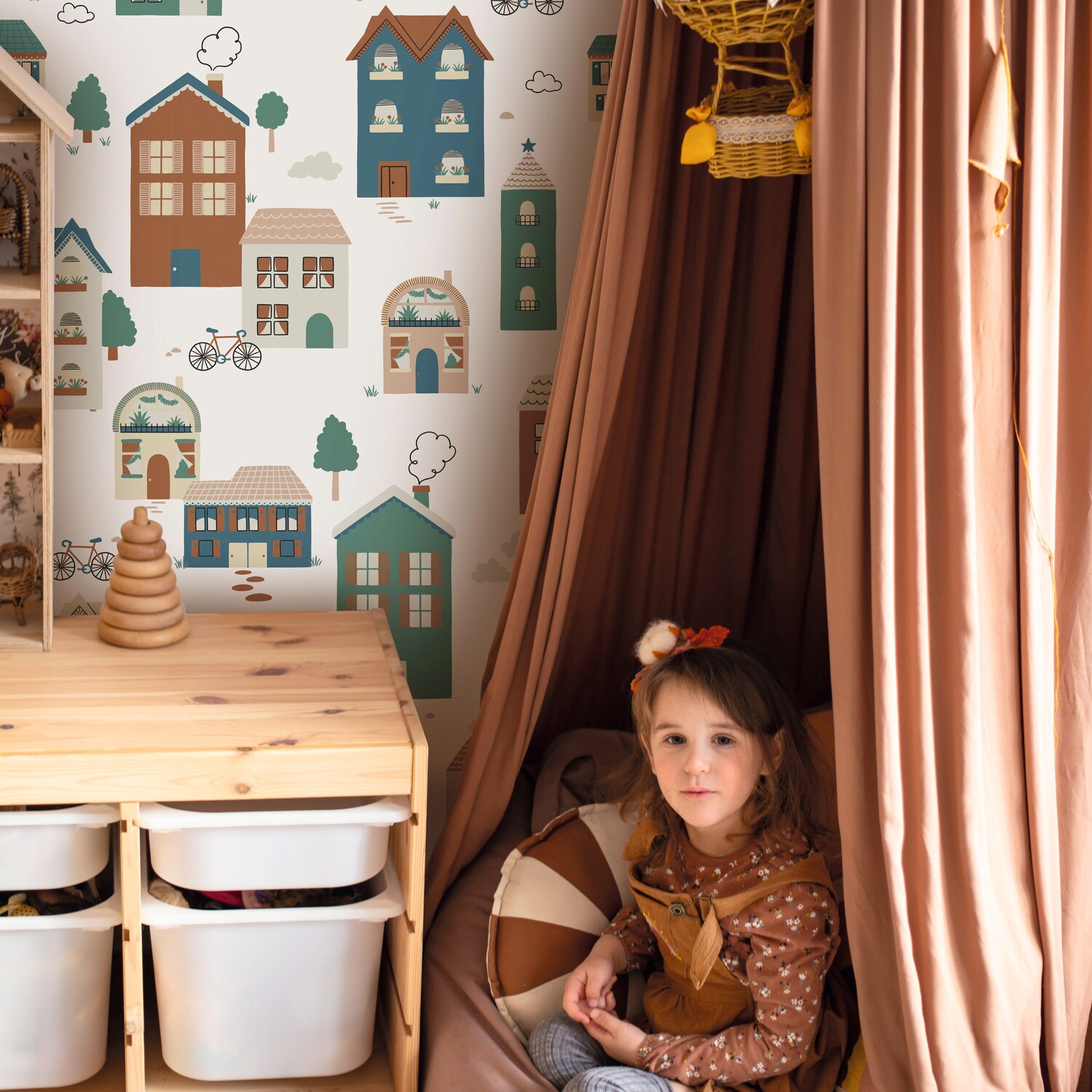 Grandeco Nursery Houses 4 Lane Repeatable Wallpaper Mural - Beige