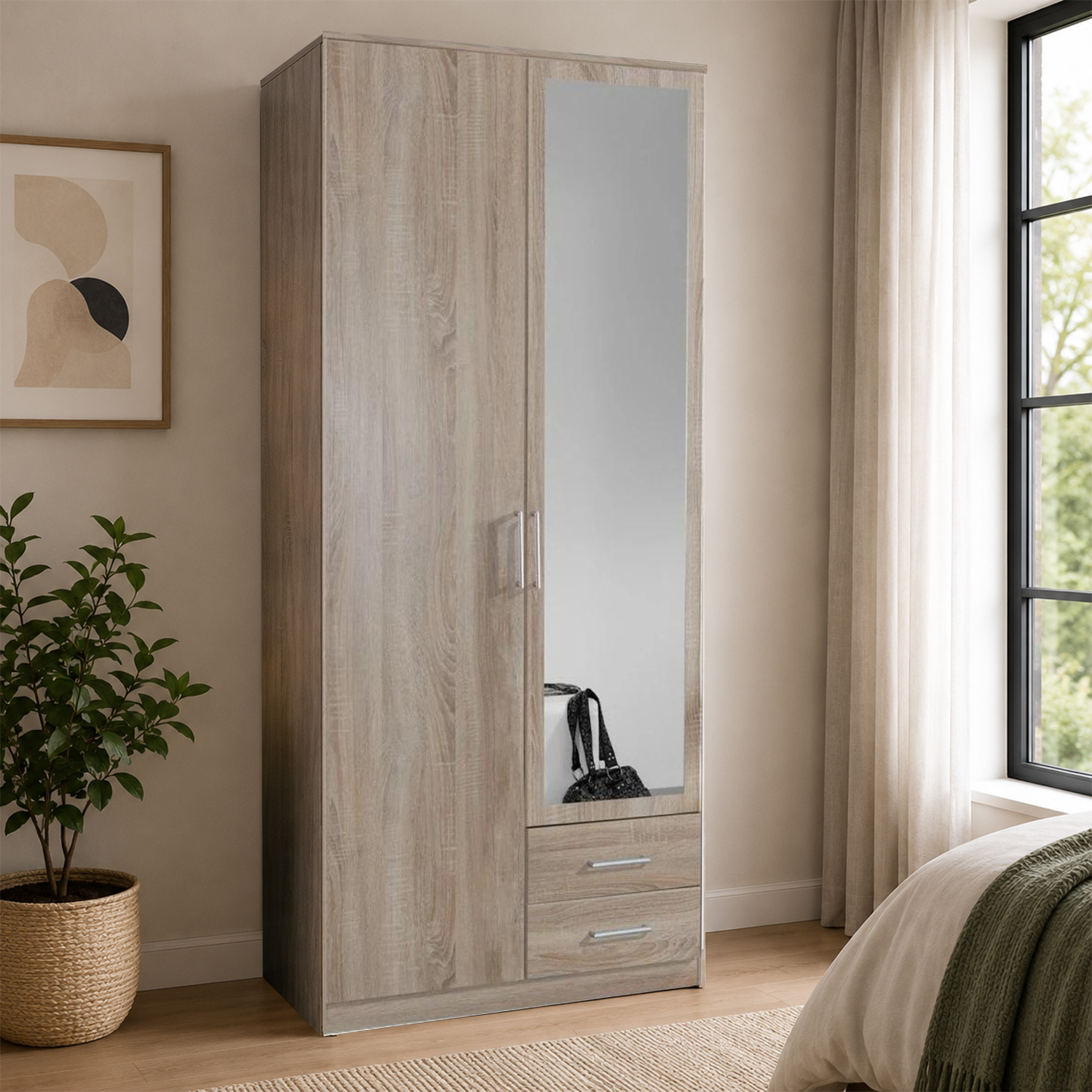 Kdmd Osaka Oak 2 Door 90Cm Wardrobe With Mirror And 2 Drawers - Oak