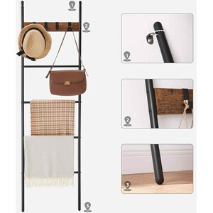 5 Tier Ladder Shelf with Towel Rack and Hooks, Brown & Black