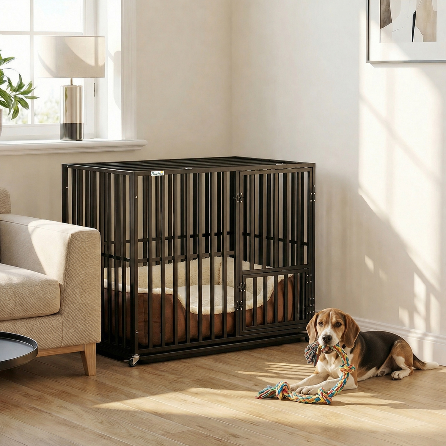 Pawhut Black Heavy Duty Dog Crate, Dog Cage With Wheels For Medium Large Breeds, Metal Pet Kennel With Removable Tray - Image 2