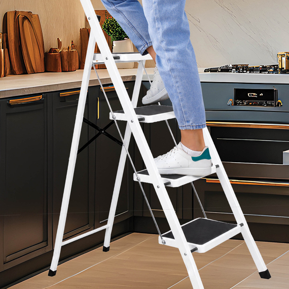 4 Step Heavy Duty Steel Folding Ladder White