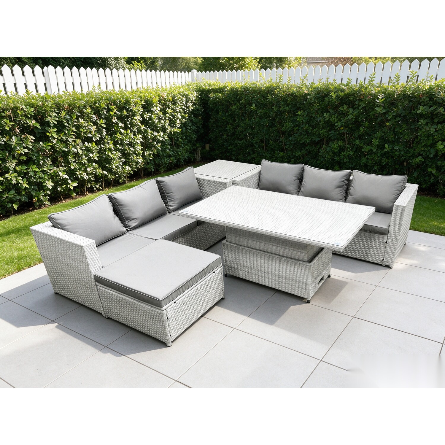 Fimous Light/Grey/Dark Rattan Garden Funiture Set Adjustable Rising Lifting Table Sofa Dining Set With Side Coffee Tea Table Footstool - Image 2