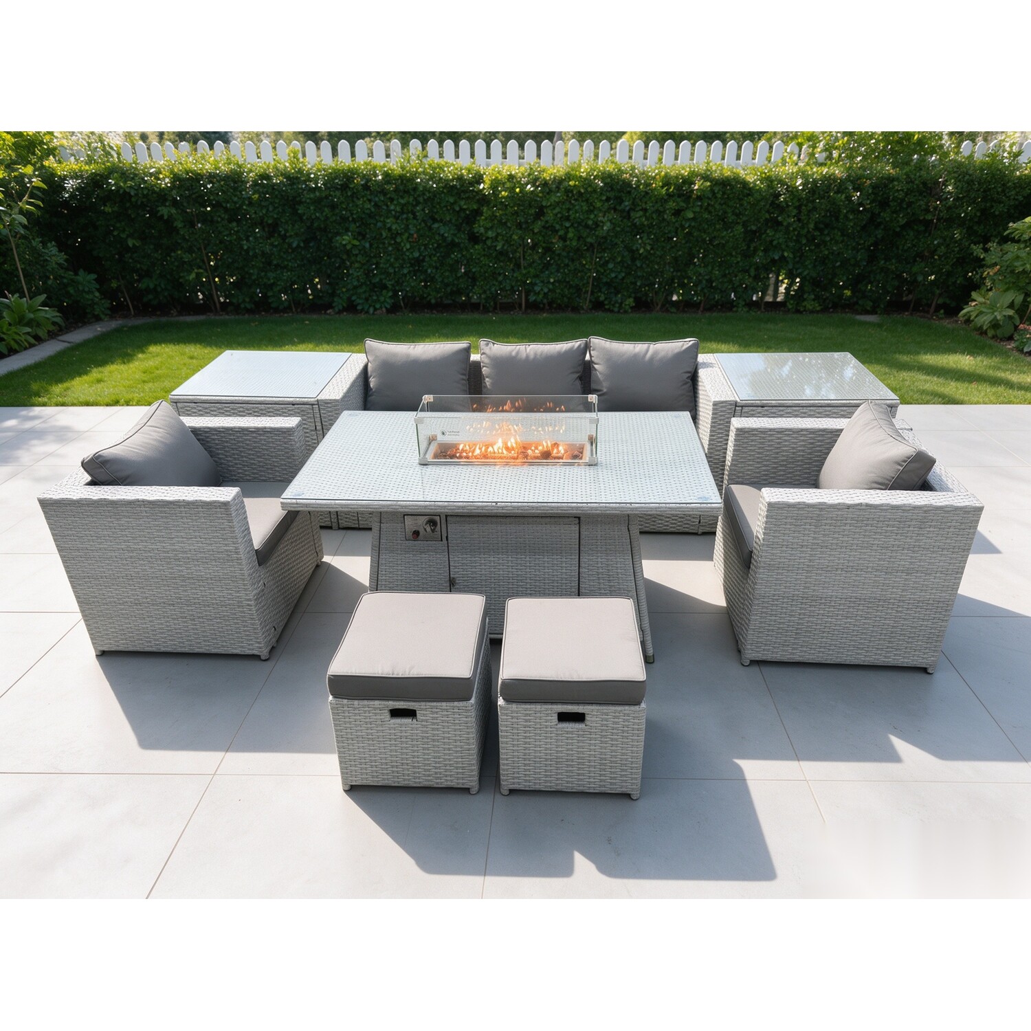 Rackhams Light/Grey/Dark Rattan Garden Furniture Set Gas Fire Pit Lounge Sofa Chair Dining Set With 2 Side Table And 2 Pc Arm Chair 2 Stools - Image 2