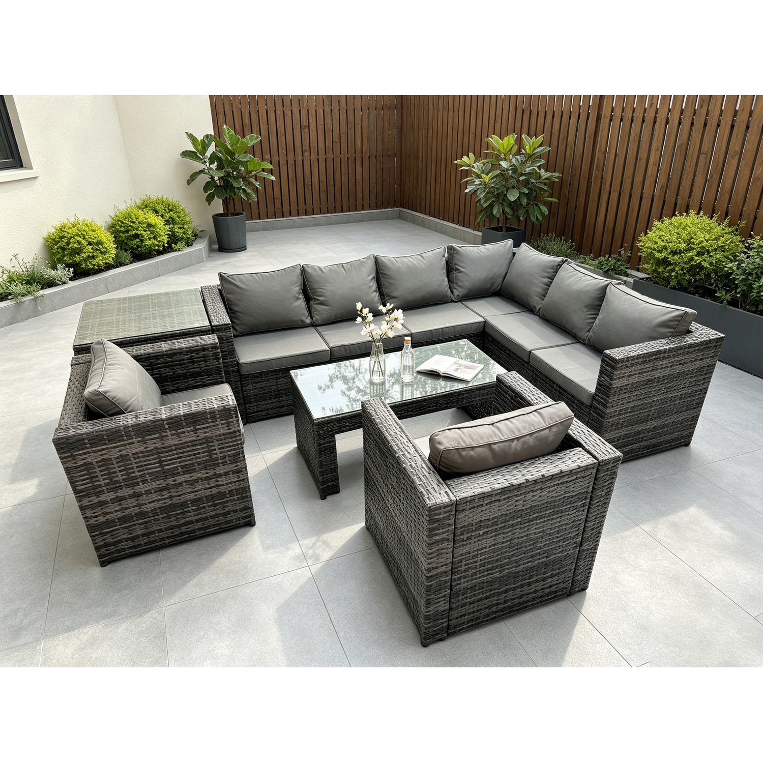 Fimous Unisex Dark Grey Seater Rattan Corner Sofa Lounge Sofa Set With Rectangular Coffee Table Side Table Right Hand In Size 8 - Image 2