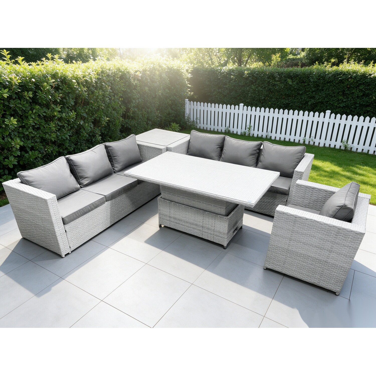 Rackhams Light/Grey/Dark Rattan Garden Funiture Set Adjustable Rising Lifting Table Sofa Dining Set With Arm Chair And Side Table - Image 2