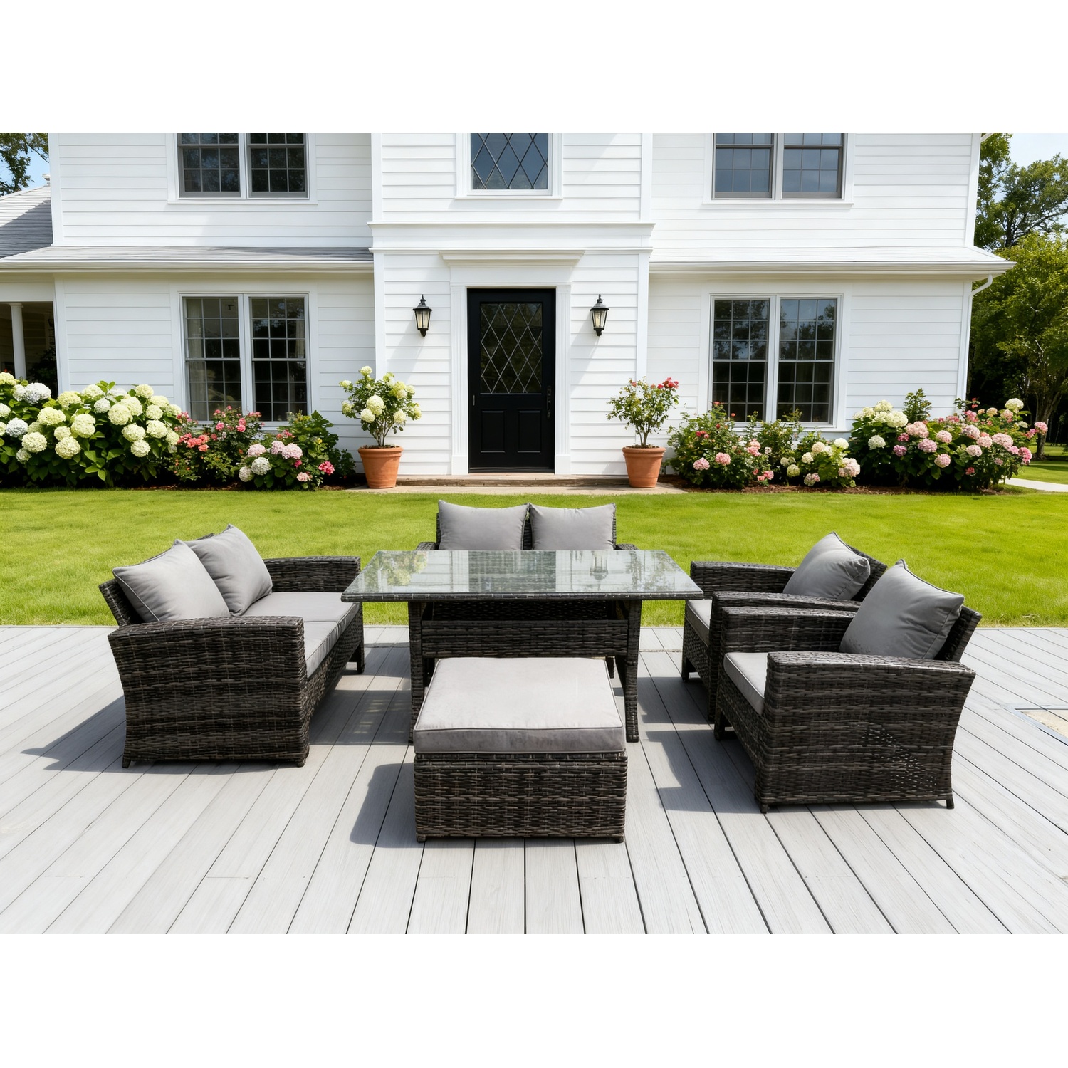 Fimous Unisex Dark Grey Seater High Back Mixed Rattan Sofa Dining Table Set Garden Furniture Love Sofa Arm Chair Size 7 - Image 2