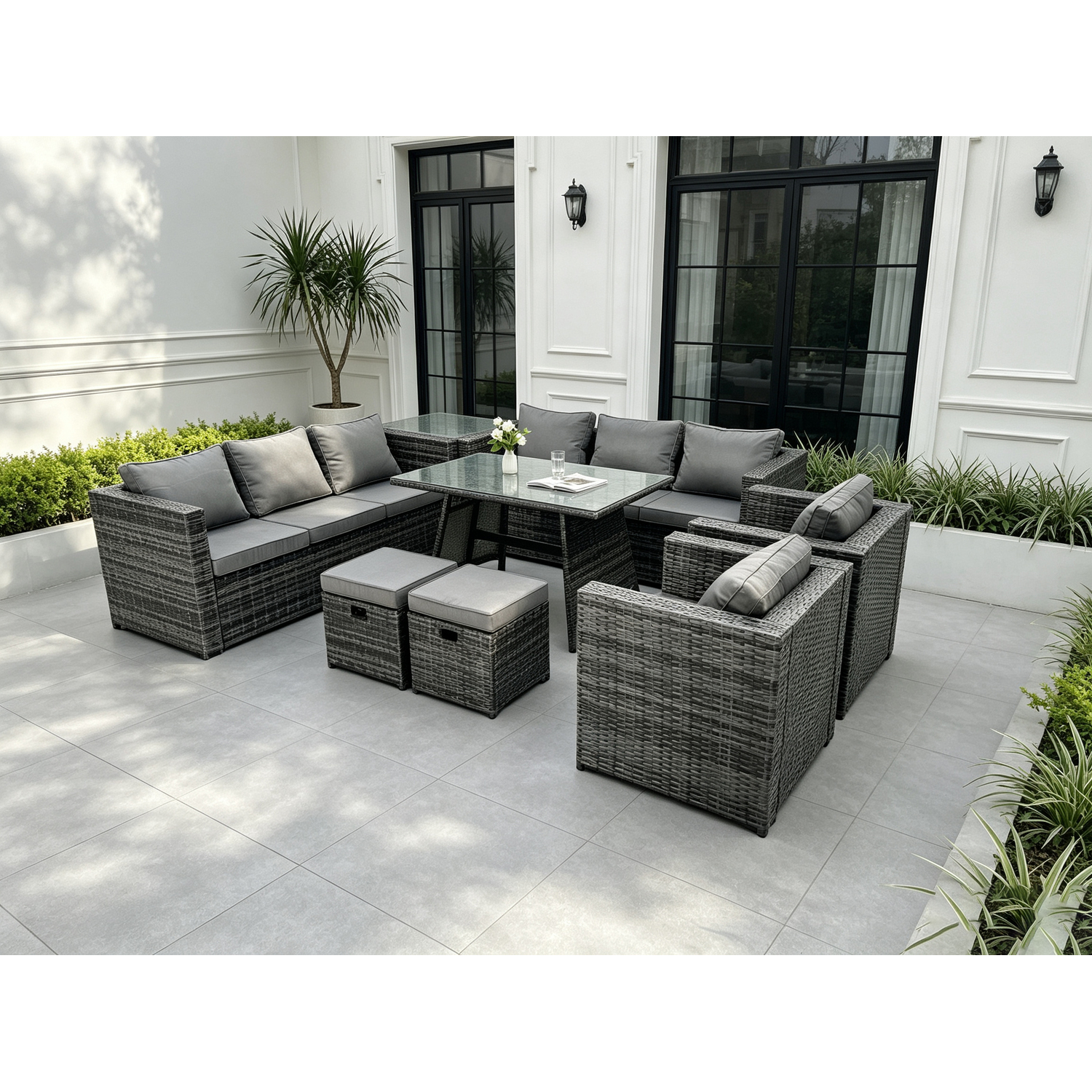 Fimous Unisex Dark Grey Seater Wicker Pe Rattan Outdoor Furniture Lounge Sofa Garden Dining Set With Dining Table Side Table In Size 10 - Image 2