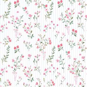 Sample of Floral Pinstripe Wallpaper in Pink and Blue