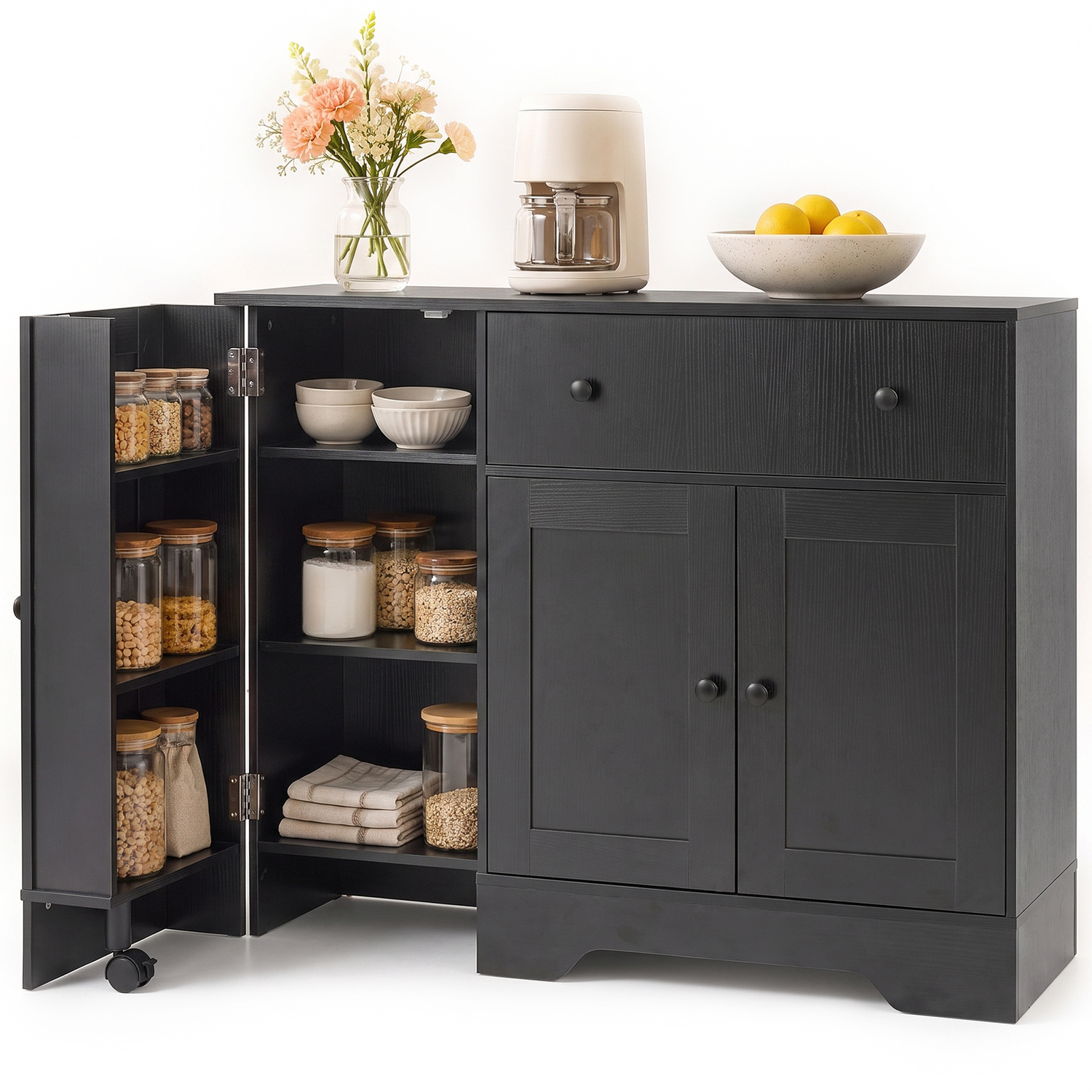 Costway Coatway 105 Cm Modern Sideboard Wooden Coffee Bar Cabinet - Black