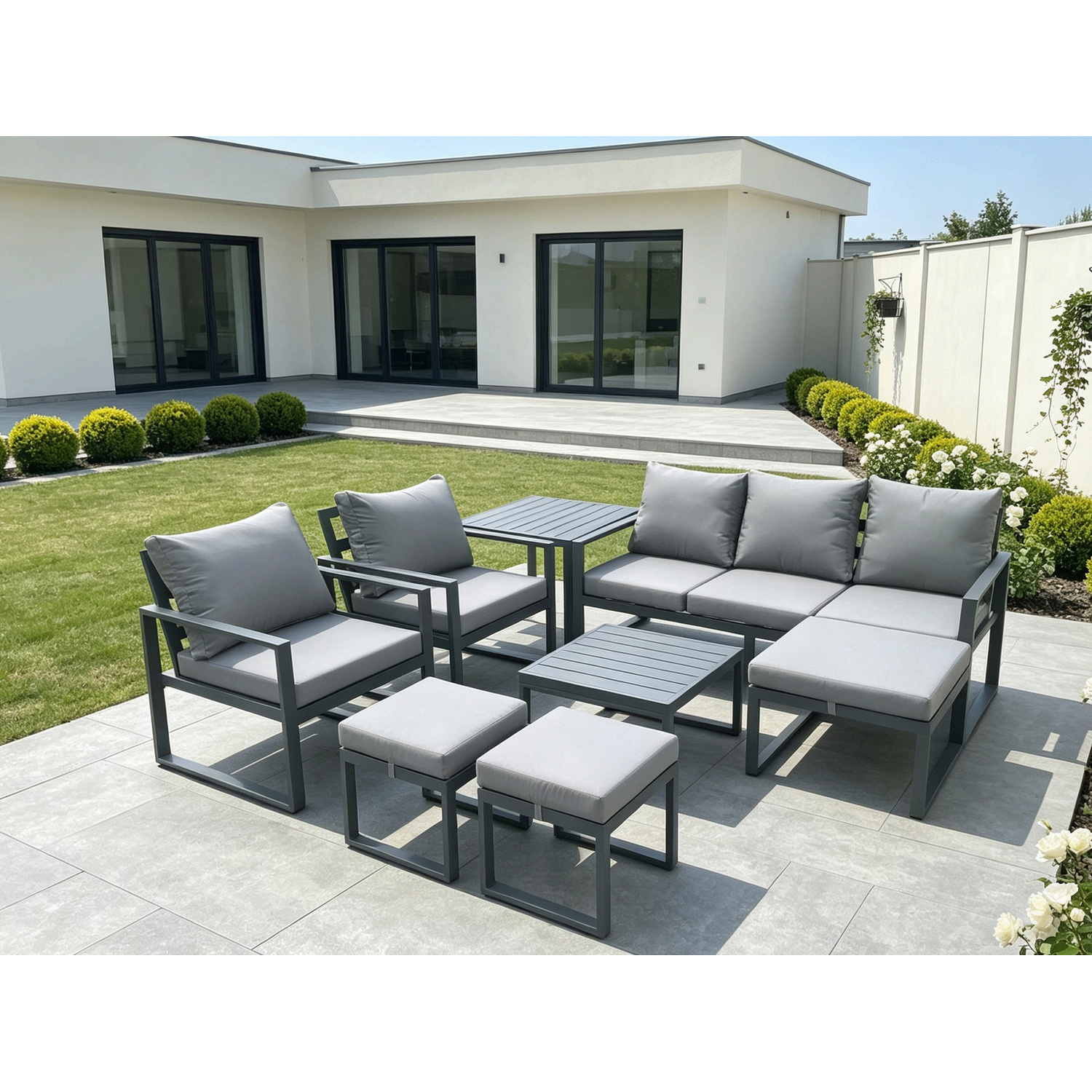 Fimous Aluminium Outdoor Lounge Sofa Set Garden Furniture Sets With Square Coffee Table 2 Chairs 3 Footstools Dark Grey 8 Seater - Image 3