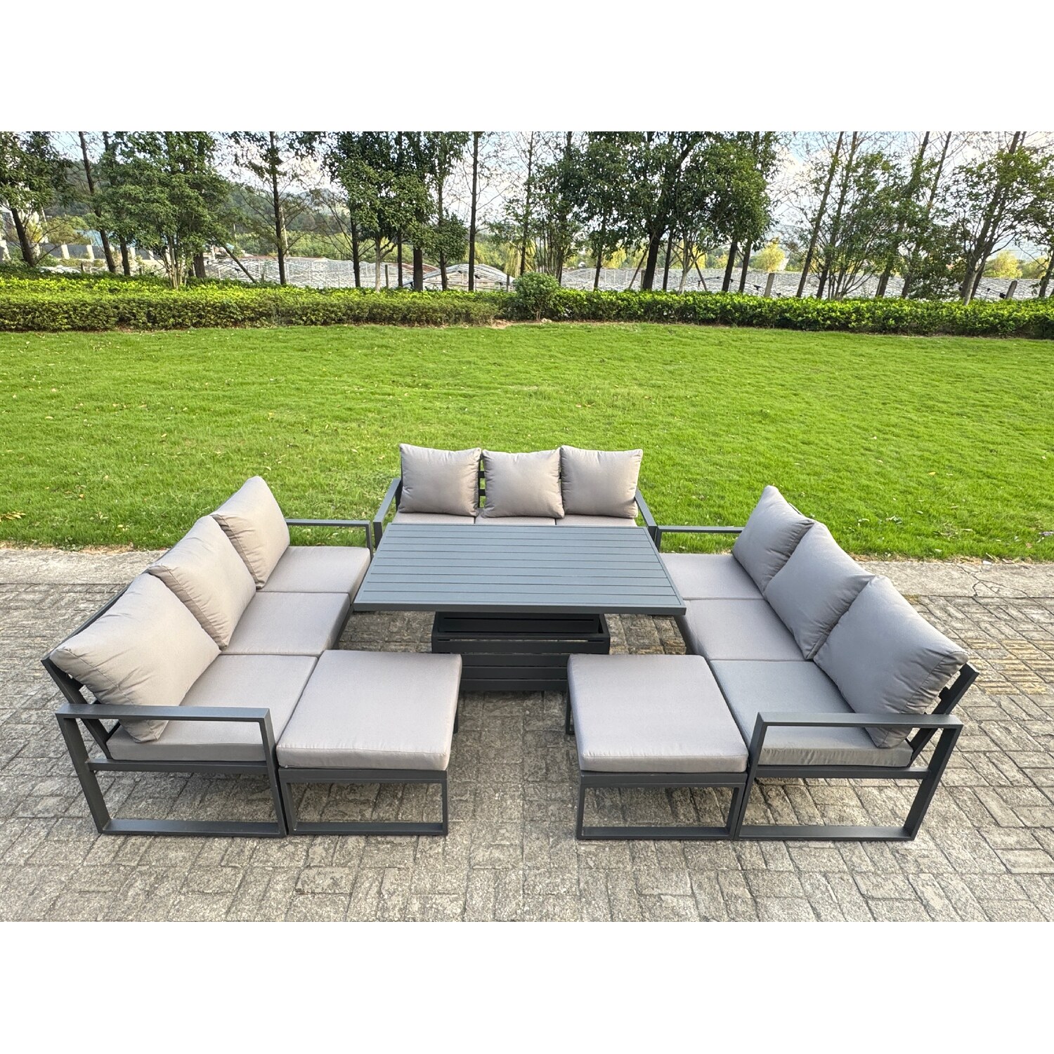 Rackhams Dark/Grey 11 Seater Aluminium Outdoor Patio Furniture Set With Adjustable Rising Dining Table, Footstool - Image 3