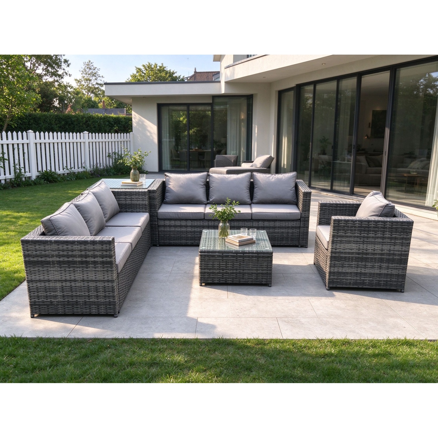 Fimous Unisex Dark Grey Rattan Garden Furniture Sofa Set With Armchair Square Coffee Table Side Table Indoor Outdoor Seater Rattan Set In Size 7 - Image 2